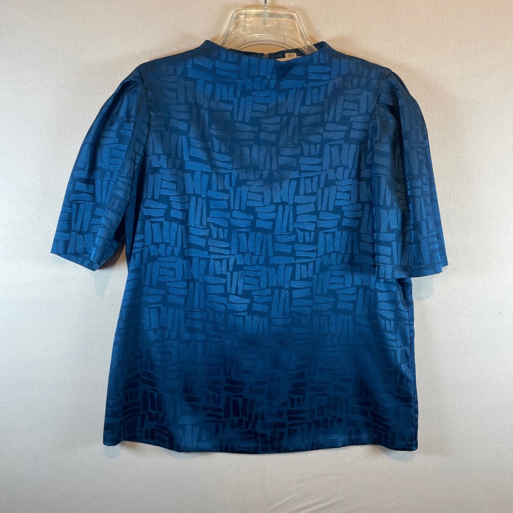 Calvin Klein Teal Blue Geometric Jacquard Short Sleeve Blouse High Neck Top - Picture 2 of 8